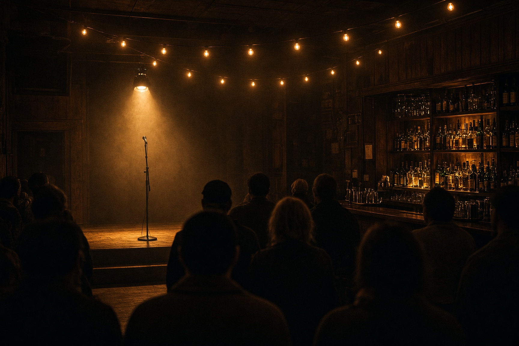 A low wooden stage and a back bar under amber light.