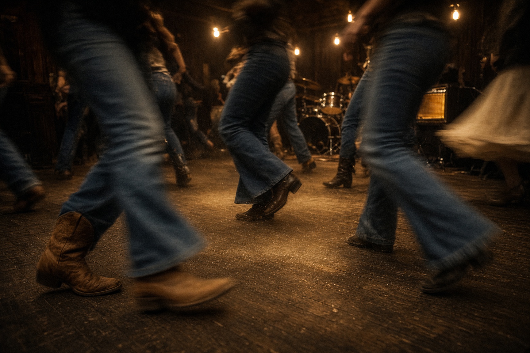 Boots moving across a wooden dance floor.